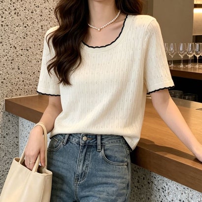 夏服Tシャツ レディース トップス クールネック 半袖Tシャツ 無地 シンプル カットソーカジュアル 春夏 韓国ファッション （ベージュ）｜詳細画像