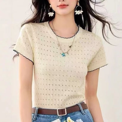 夏服Tシャツ レディース トップス クールネック 半袖Tシャツ 無地 シンプル カットソーカジュアル 春夏 韓国ファッション （ベージュ）｜詳細画像