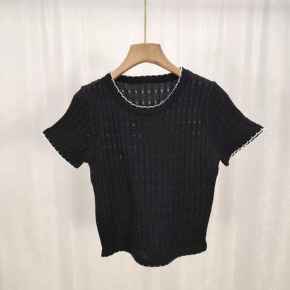 夏服Tシャツ レディース トップス クールネック 半袖Tシャツ 無地 シンプル カットソーカジュアル 春夏 韓国ファッション （ブラック）｜詳細画像