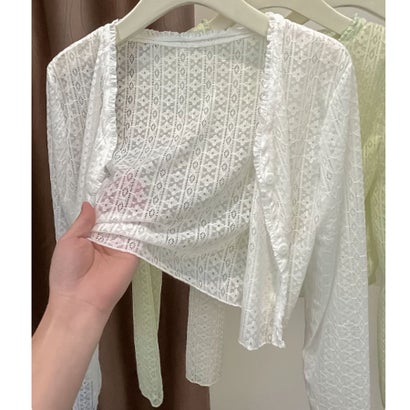 サマーカーディガン 透かし編み Vネックカーディガン トップス 長袖 ショート丈 前開き 透け感 重ね着 かわいい フェミニン （グリーン）｜詳細画像
