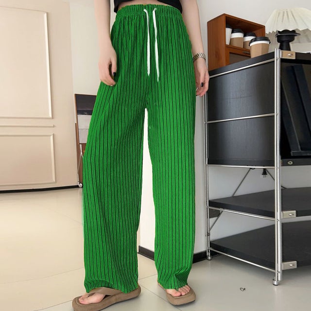 
                    夏服 ワイドパンツ ストライプ サマーパンツ ストレート ウエストゴム パンツ ズボン リラックスパンツ シンプル ベーシック 韓国ファッション （グリーン）