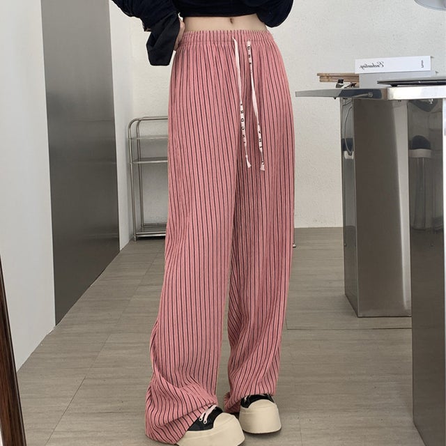
                    夏服 ワイドパンツ ストライプ サマーパンツ ストレート ウエストゴム パンツ ズボン リラックスパンツ シンプル ベーシック 韓国ファッション （ピンク）