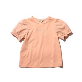 【100-140cm】チュールレイヤードパフ袖Tシャツ (ベビーピンク)