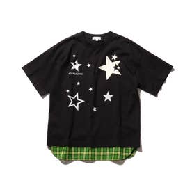 【100-140cm】チェック裾レイヤード星プリントTシャツ (ブラック)