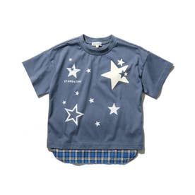 【100-140cm】チェック裾レイヤード星プリントTシャツ (ブルー)