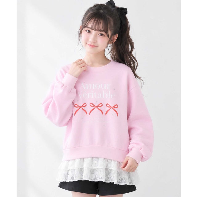裏起毛裾フェイクレイヤードフリルトレーナー （ピンク）
