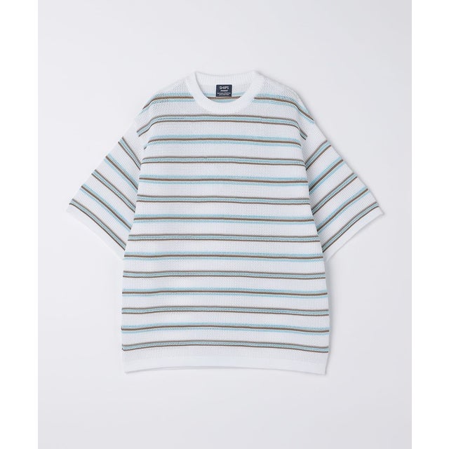 :〈手洗い可能〉Amossa(R) メッシュ ボーダー ニット Tシャツ （ホワイト）