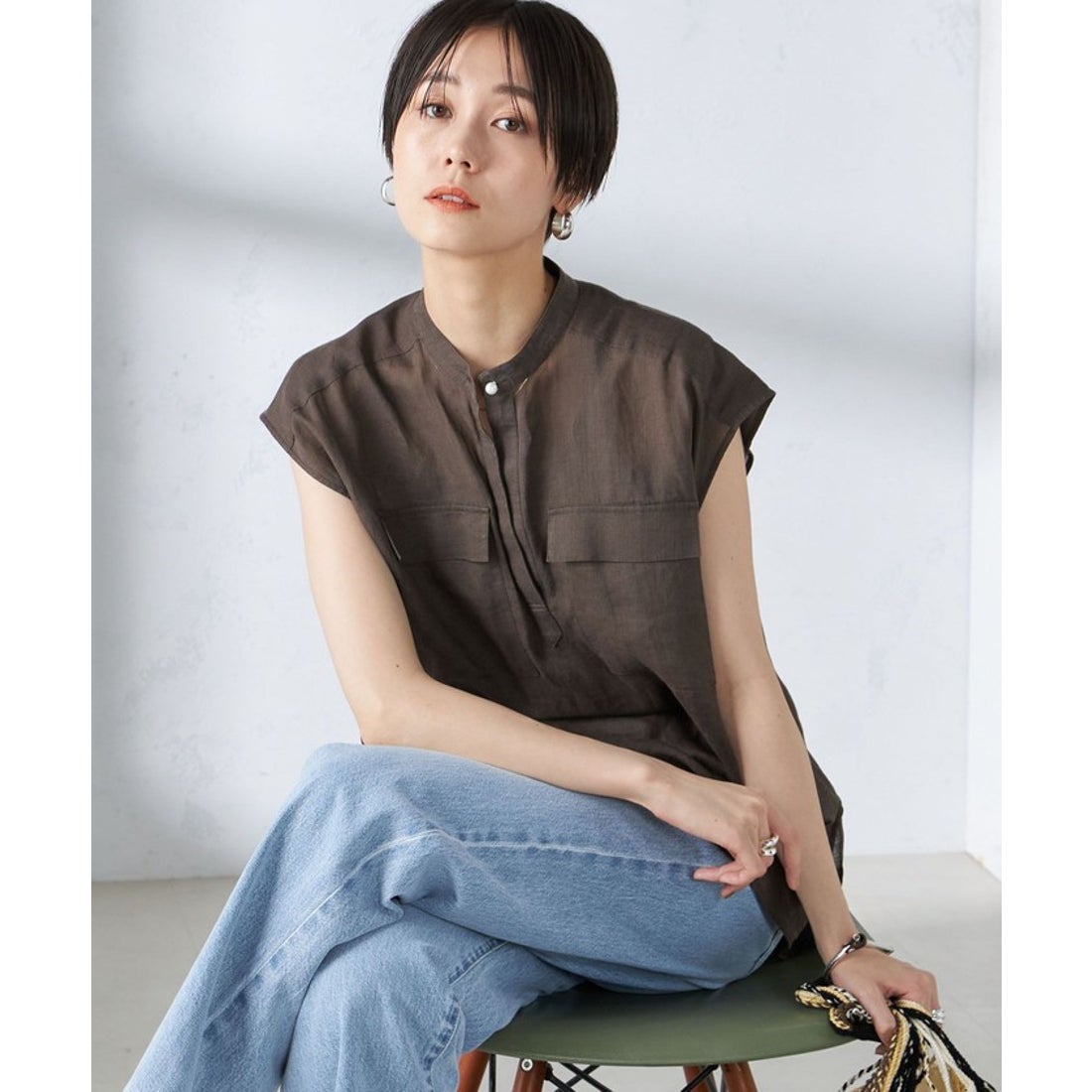 シップス SHIPS 〈手洗い可能〉ラミー ポケット ノースリーブ ブラウス 