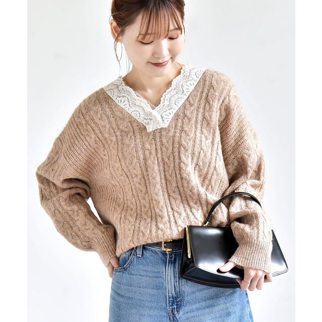 【WEB限定】〈手洗い可能〉レース ネック ラメ ケーブル Vネック ニット （ベージュ）