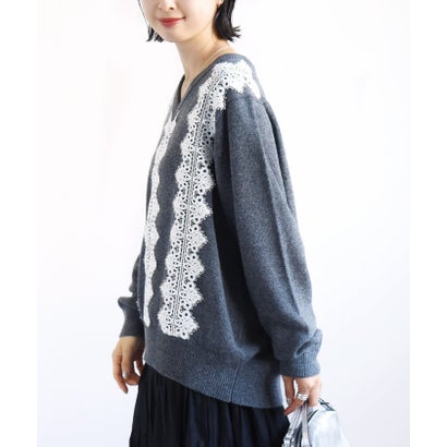 【WEB限定】〈手洗い可能〉アンゴラ混 レース コンビ Vネック ニット プルオーバー （ダークグレー）｜詳細画像