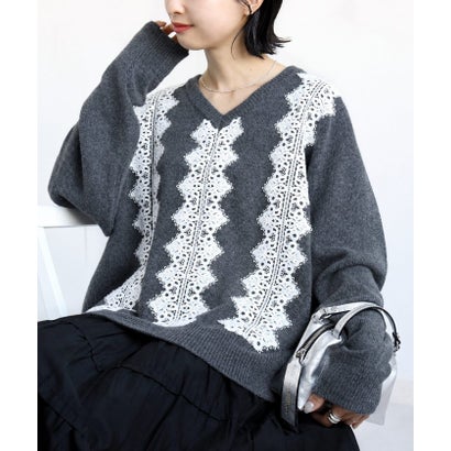 【WEB限定】〈手洗い可能〉アンゴラ混 レース コンビ Vネック ニット プルオーバー （ダークグレー）｜詳細画像