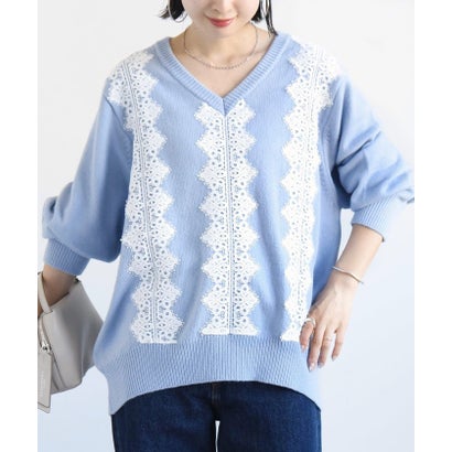 【WEB限定】〈手洗い可能〉アンゴラ混 レース コンビ Vネック ニット プルオーバー （ダークグレー）｜詳細画像