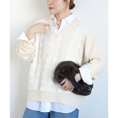 【WEB限定】〈手洗い可能〉アンゴラ混 レース コンビ Vネック ニット プルオーバー （オフホワイト）｜詳細画像