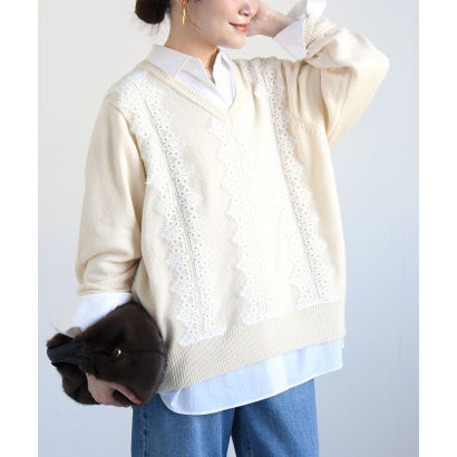 【WEB限定】〈手洗い可能〉アンゴラ混 レース コンビ Vネック ニット プルオーバー （オフホワイト）｜詳細画像