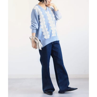 【WEB限定】〈手洗い可能〉アンゴラ混 レース コンビ Vネック ニット プルオーバー （ベージュ系）｜詳細画像