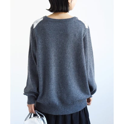 【WEB限定】〈手洗い可能〉アンゴラ混 レース コンビ Vネック ニット プルオーバー （ライトブルー）｜詳細画像