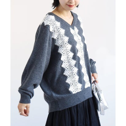 【WEB限定】〈手洗い可能〉アンゴラ混 レース コンビ Vネック ニット プルオーバー （ライトブルー）｜詳細画像