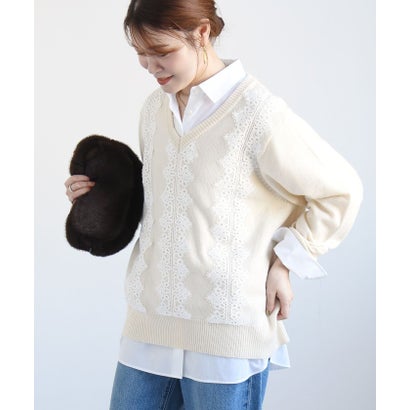 【WEB限定】〈手洗い可能〉アンゴラ混 レース コンビ Vネック ニット プルオーバー （ライトブルー）｜詳細画像