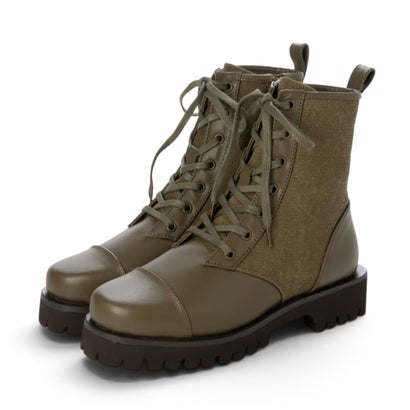 厚底 レースアップ ブーツ レディース ミドルブーツ シンプル （KHAKI）｜詳細画像