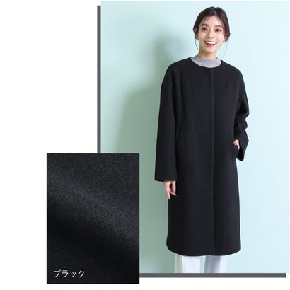 []ウールタッチノーカラーコートロング丈 （サックス）｜詳細画像