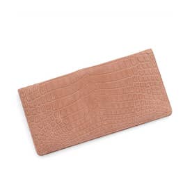 クロコダイル 財布 マット加工 センター取り 一枚革 薄型 長財布 カードケース / レディース （レトロピンク）