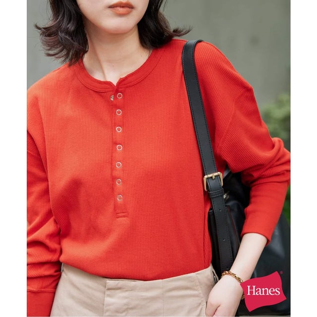 《追加予約》HANES/ヘインズ SLOBE別注 ヘンリーネックワッフル ロンTEE （レッド）