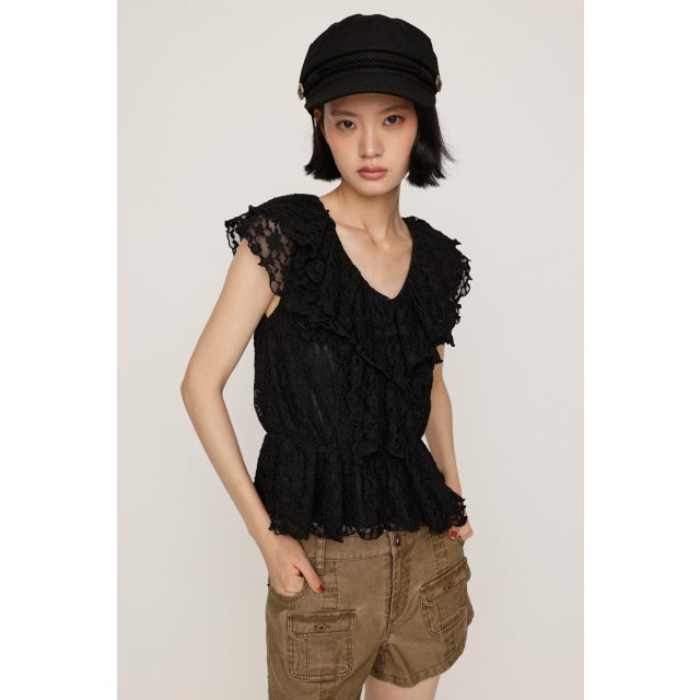 CUT LACE FRILL トップス BLK