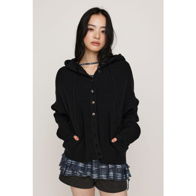 KNIT BUTTON HOODIE BLK
