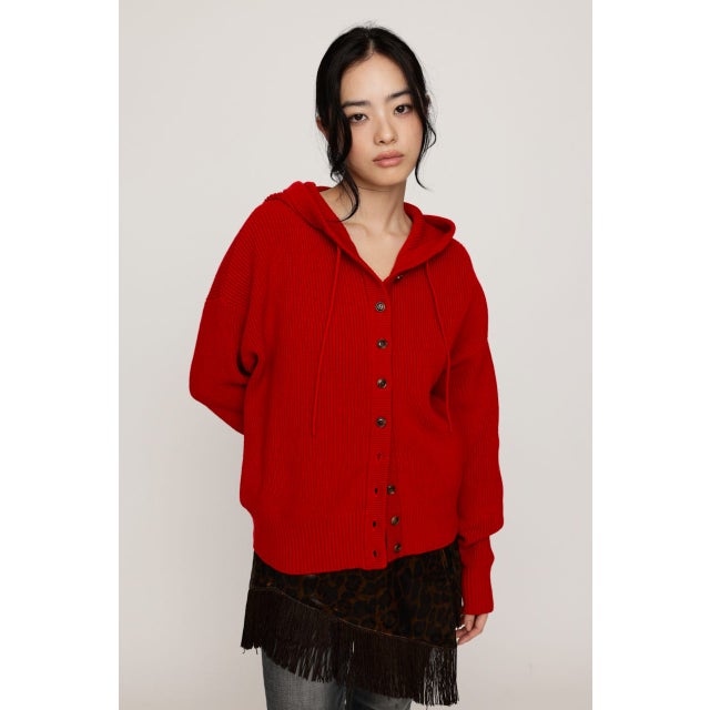 KNIT BUTTON HOODIE RED