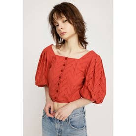 FRONT BUTTON LACE PUFF トップス RED