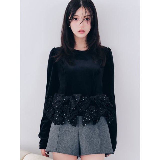 【WEB限定】リボンペプラムベロアトップス （BLK）