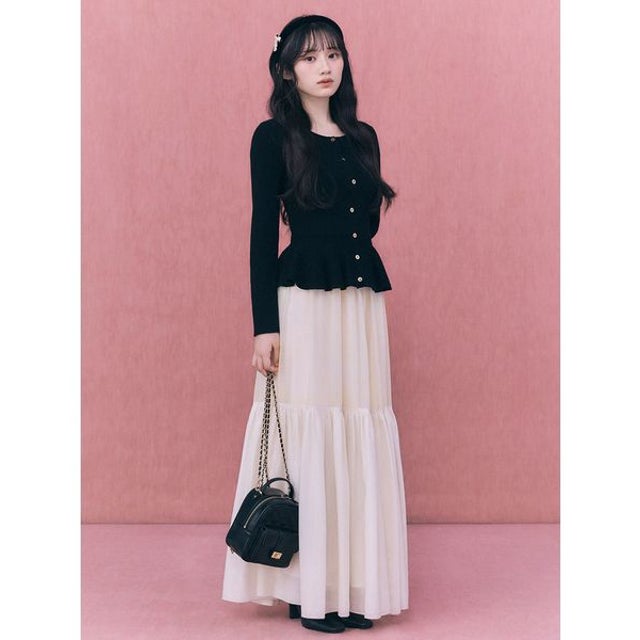ペプラムニット×チュールスカートコンビ （BLK）
