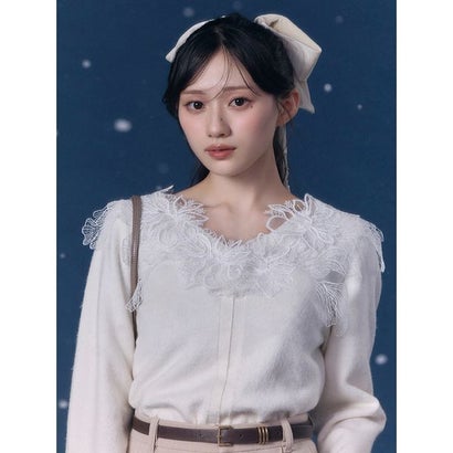 モチーフレースニットプルオーバー （BLK）｜詳細画像