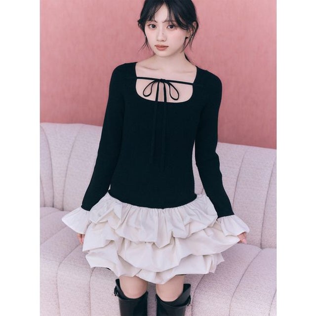 ヘムボリュームドッキングニットワンピース （BLK）