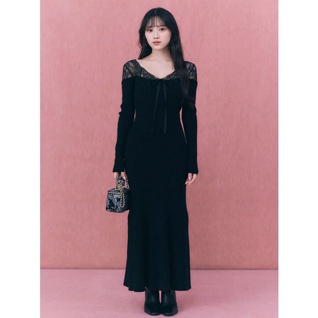 レースコンビロングニットワンピース （BLK）