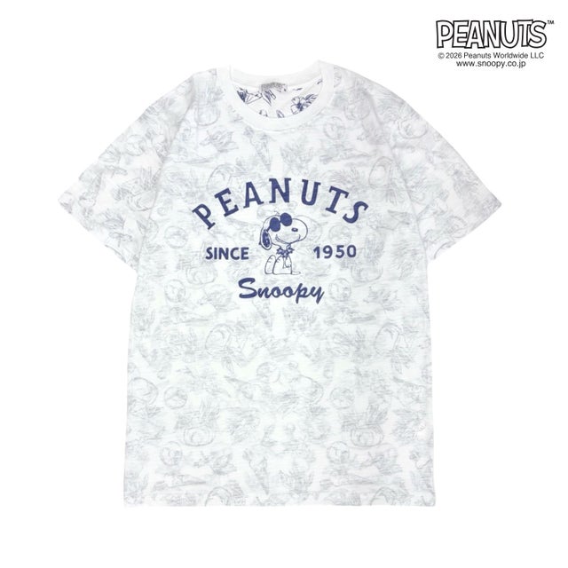 PEANUTS 天竺 総柄 Tシャツ 半袖 カットソー （A-ネイビー）
