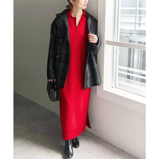 《予約》スキッパーニットワンピース （レッド）