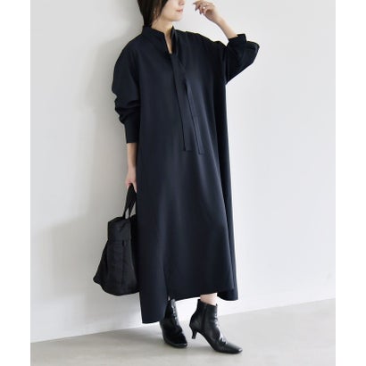 カランシエル quaranciel 〈洗濯機可能〉スタンドカラー リボンタイ スキッパー ボリューム ロング ワンピース （ネイビー）｜詳細画像
