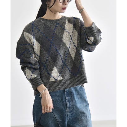カランシエル quaranciel 《予約》〈手洗い可能〉モヘヤ ミックス アーガイル ショート ニット プルオーバー （グレー）｜詳細画像