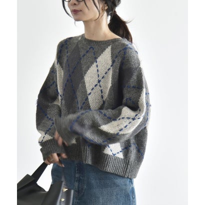 カランシエル quaranciel 《予約》〈手洗い可能〉モヘヤ ミックス アーガイル ショート ニット プルオーバー （グレー）｜詳細画像