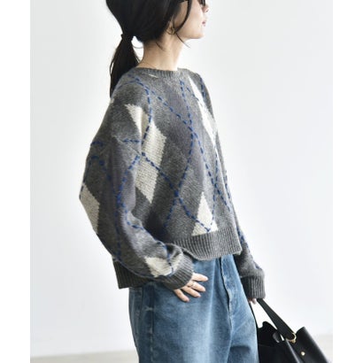 カランシエル quaranciel 《予約》〈手洗い可能〉モヘヤ ミックス アーガイル ショート ニット プルオーバー （グレー）｜詳細画像
