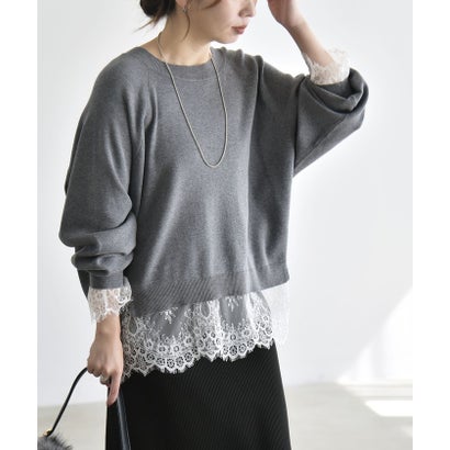 カランシエル quaranciel 《予約》〈手洗い可能〉レース レイヤード ライク ハイゲージ クルーネック ニット （ベージュ）｜詳細画像