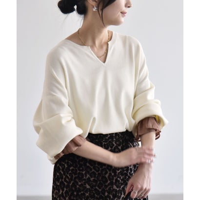 カランシエル quaranciel 《予約》〈手洗い可能〉スリーブデザイン 2way ハイゲージ キーネック パフ ニット （ネイビー）｜詳細画像