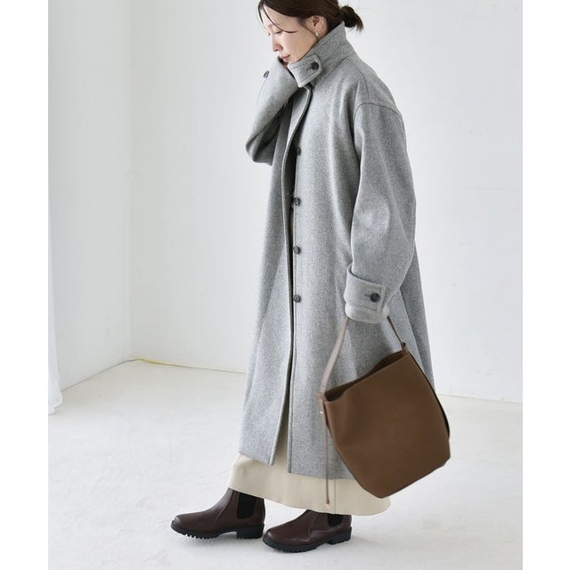 《一部追加予約》PURE WOOL スタンド & ステンカラー ロング コート （グレー）