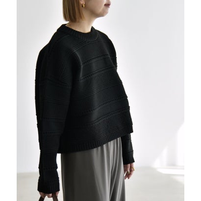 《予約》〈手洗い可能〉ミックス ステッチ クルーネック コンパクト ニット プルオーバー （ブラック）｜詳細画像