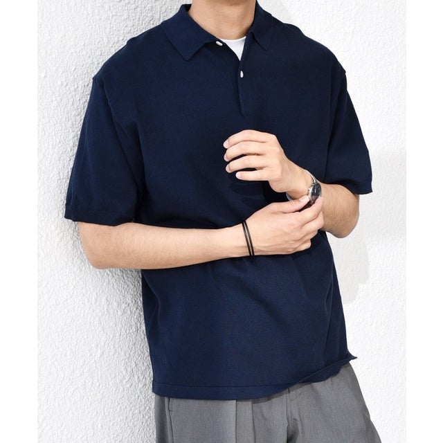 : 〈手洗い可能〉ハイゲージ リネンミックス サマー ニット ポロシャツ 24SS◇ （ネイビー）
