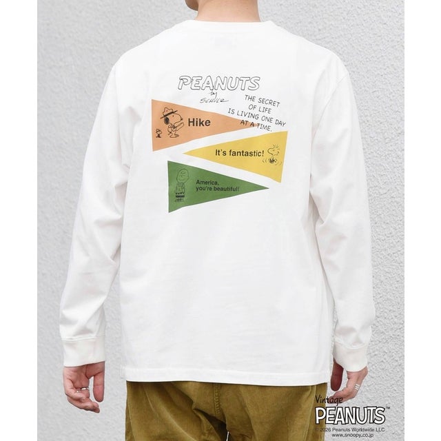 SNOOPY コラボ ヴィンテージライク ペナント グラフィック プリント Tシャツ(ロンT)◆ （ホワイト系その他）