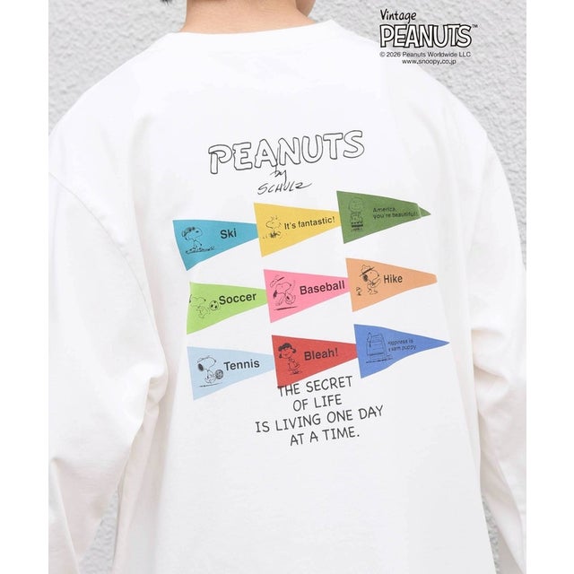 SNOOPY コラボ ヴィンテージライク ペナント グラフィック プリント Tシャツ(ロンT)◆ （ホワイト系その他2）