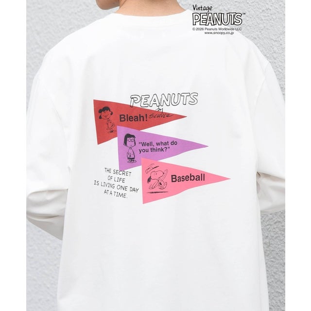 SNOOPY コラボ ヴィンテージライク ペナント グラフィック プリント Tシャツ(ロンT)◆ （ホワイト系その他3）