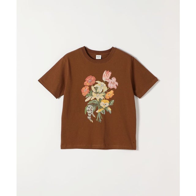 SOMETHING × TOLIGHT:〈洗濯機可能〉フラワー イラスト プリント Tシャツ （ブラウン）